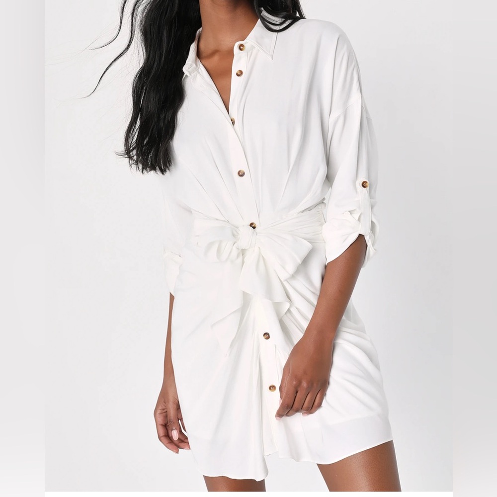 Charming Confidence White Collared Button-Up Mini Dress
